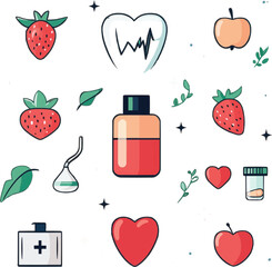 Seamless heart and berry pattern with colorful fruit and vegetable icons