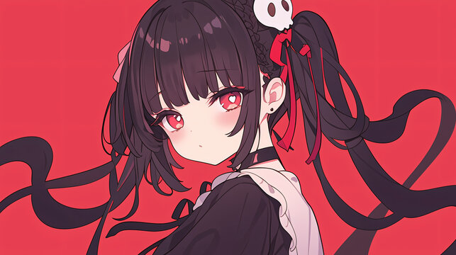 cute amine woman in red background