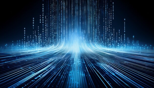 abstract digital background with blue binary code and light streaks on black representing data flow in technology or cyber security concept isolated on white background