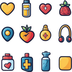 Food and drink icon set with colorful fruit and beverage illustrations