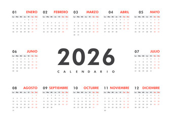 2026 calendar modern classic on Spanish language. Week starts on Monday. Desk or wall A4 horizontal calendar in minimalist style