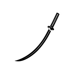 A stylized black and white illustration of a curved Japanese katana sword.