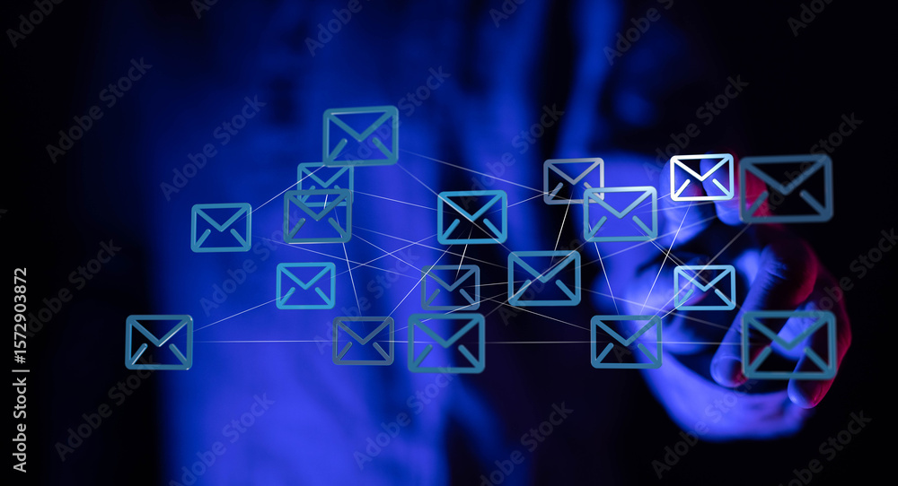 Poster abstract image of interconnected email icons, representing global communication and networking.