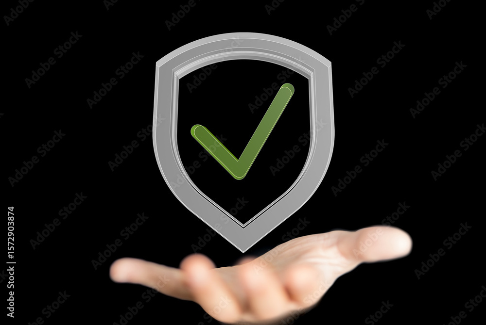 Poster high-quality image of a digital shield with a checkmark, representing security and approval.