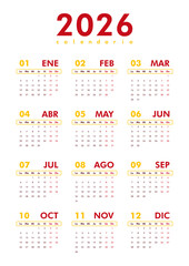 2026 calendar modern classic. Week starts on Monday. Desk or wall A4 vertical calendar in Spanish flag colors