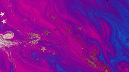 Abstract galaxy with swirling pink and blue hues and scattered gold stars and glitter accents design - Powered by Adobe