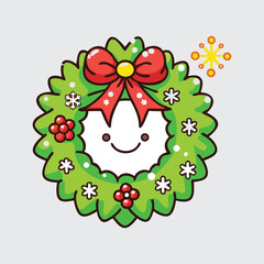 "Smiling Christmas Wreath with Red Bow and Snowflakes"