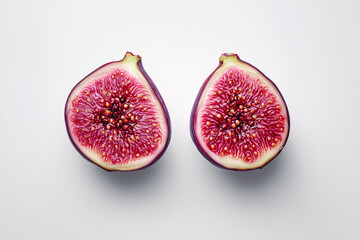 Fresh sliced figs with vibrant red interior on clean white background, close-up food photography