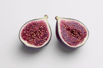 Fresh sliced figs with vibrant red interior on clean white background, close-up food photography
