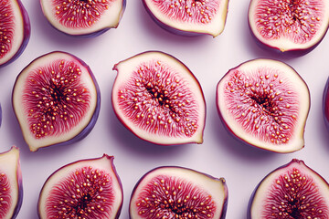 Fresh sliced figs with vibrant red interior on clean white background, close-up food photography
