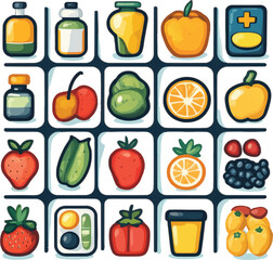 Nutrient Treasures: An enticing collection of essential vitamins, capsules, and healthy produce, each meticulously crafted in an illustrative style.