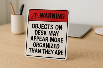 Warning sign suggesting objects on desk may appear more organized than they are