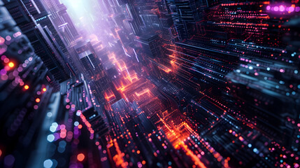 Obraz premium Dynamic glowing tunnel of neon lights and digital data. Abstract futuristic cyberspace background in pink and blue colors, perfect for technology and sci-fi backgrounds wallpaper