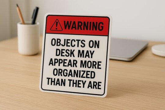 Warning sign suggesting objects on desk may appear more organized than they are