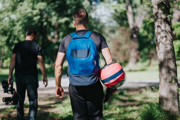 A man walks through a green park carrying a blue backpack and a helmet, accompanied by another...