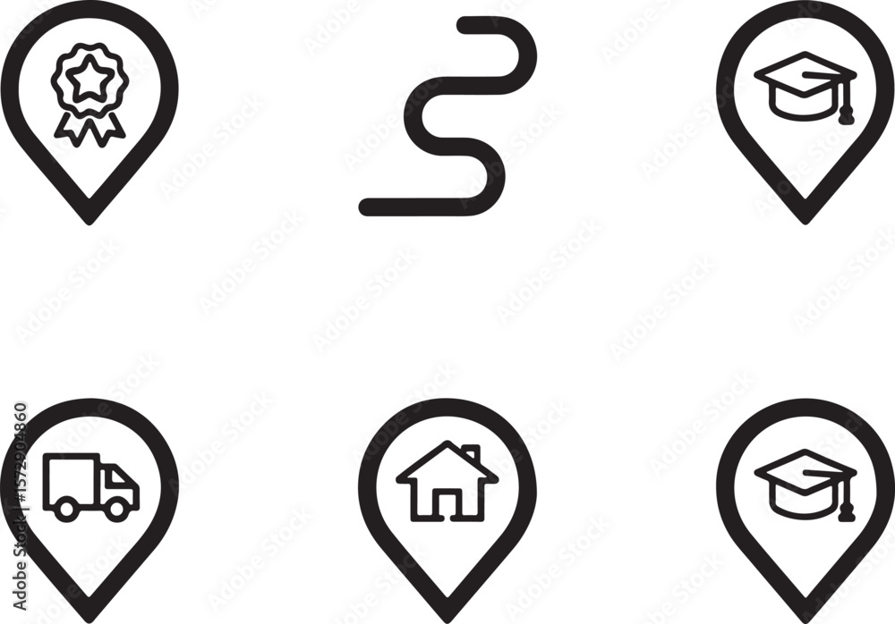 Poster collection of location pin icons representing diverse services and destinations depicting delivery e