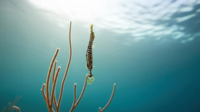 One banded pipefish swims near coral reef underwater in blue ocean environment.