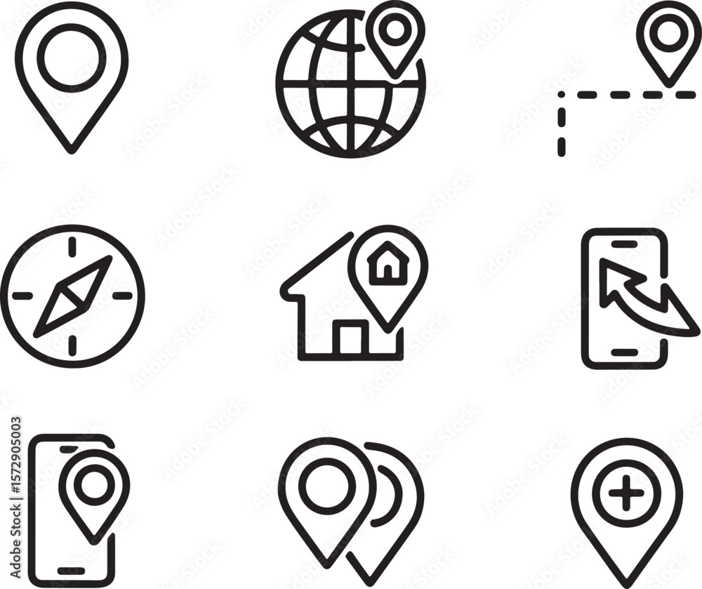 Poster diverse navigation iconography set for mapping and directional services collection of black and whit