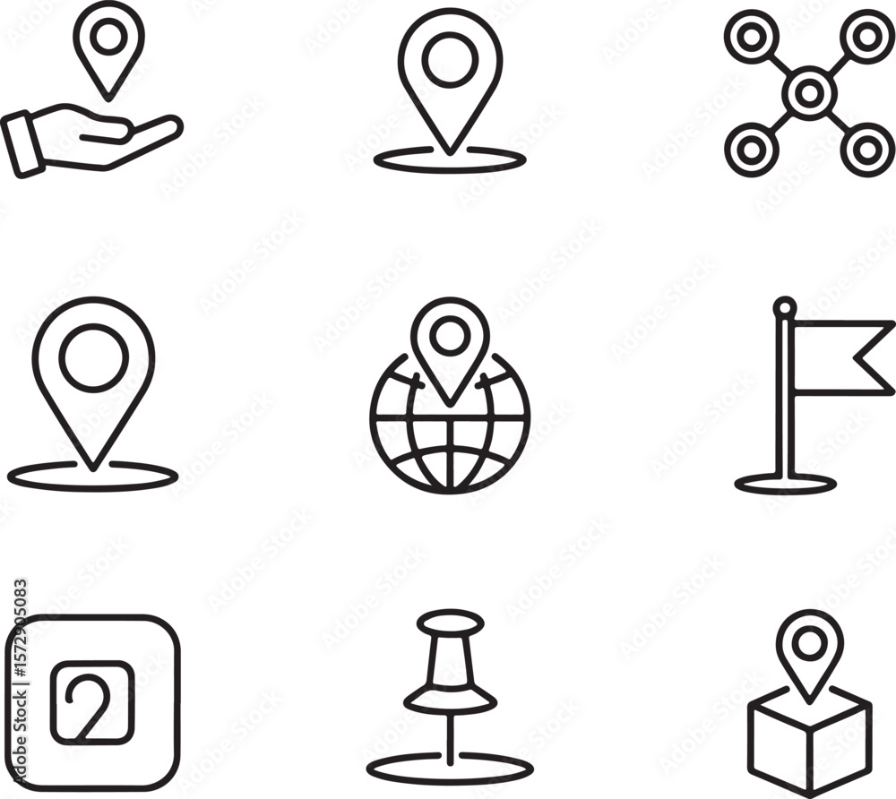 Poster collection of location and mapping icons representing navigation, destinations, connections, and inf