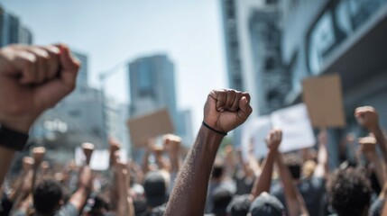 Crowd of protesters raising fists and banners during urban demonstration for social change