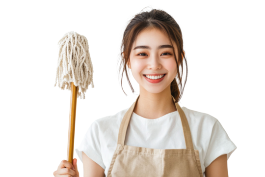 Young Asian woman in apron smiling at camera while holding a mopping stick, isolated over white background