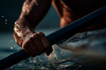 Athlete Rowing With Forceful Paddle Stroke In Water