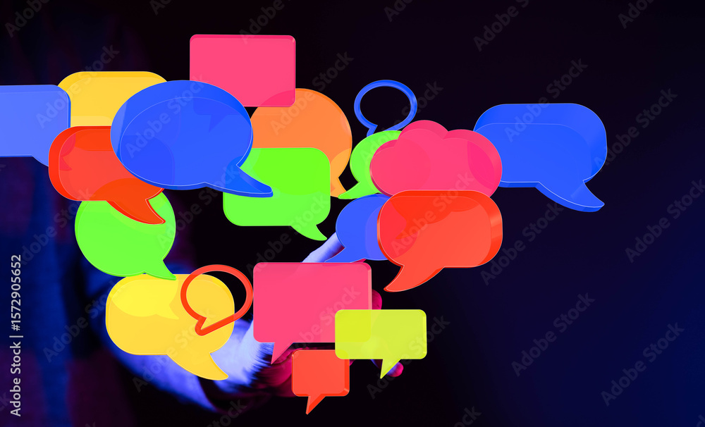 Poster abstract image of colorful speech bubbles, perfect for social media, communication, and networking c