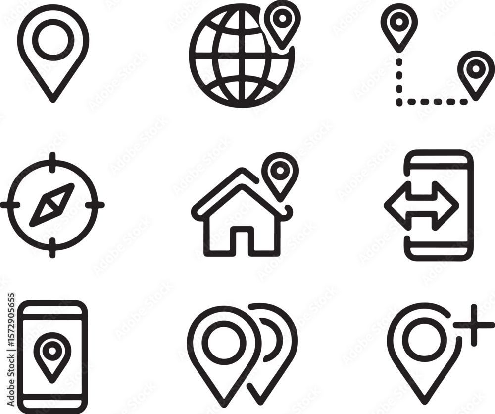 Poster diverse navigation icons representing mapping, location, and direction bold line icons embodying way