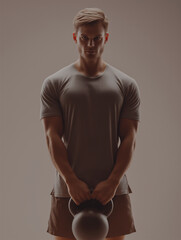 Young Man Lifting Kettlebell With Both Hands