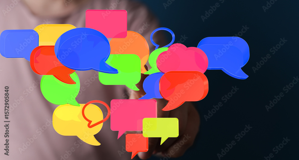 Poster abstract image of colorful speech bubbles, representing communication, conversation, and connection.