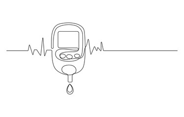Continuous Line Art Blood Glucose Meter with EKG Wave, Glucose Monitoring Tools Line Art, Diabetes Medical Device One Line Drawing, Continuous Line Drawing of Blood Glucose Meter and Lancet