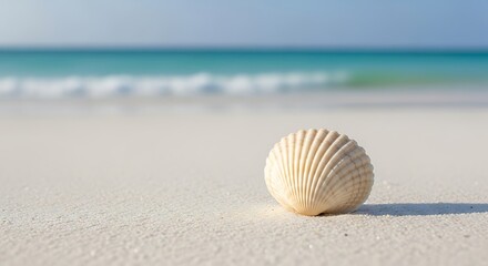 Seashell sits serenely on the white sandy beach as turquoise ocean waves roll softly