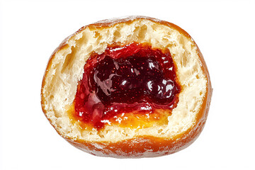 Jam-filled doughnut isolated on white background, close-up photography highlighting the sugary exterior and fruity filling