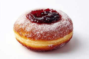 Jam-filled doughnut isolated on white background, close-up photography highlighting the sugary exterior and fruity filling