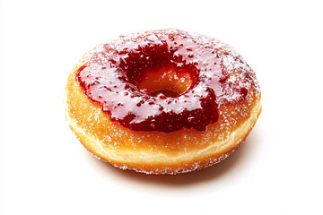 Jam-filled doughnut isolated on white background, close-up photography highlighting the sugary exterior and fruity filling