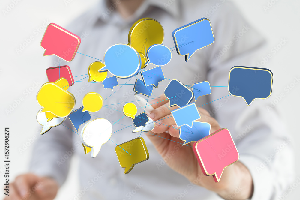 Poster image of interconnected speech bubbles, symbolizing global communication and networking.