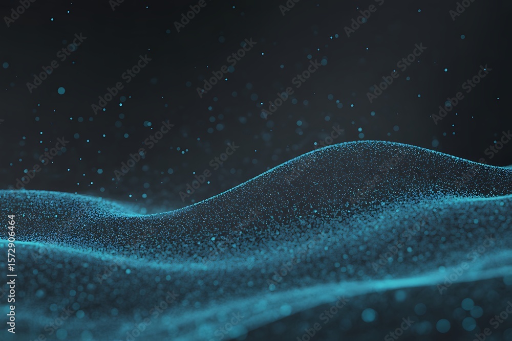 Poster glowing blue particles forming undulating waves against a dark background abstract bokeh