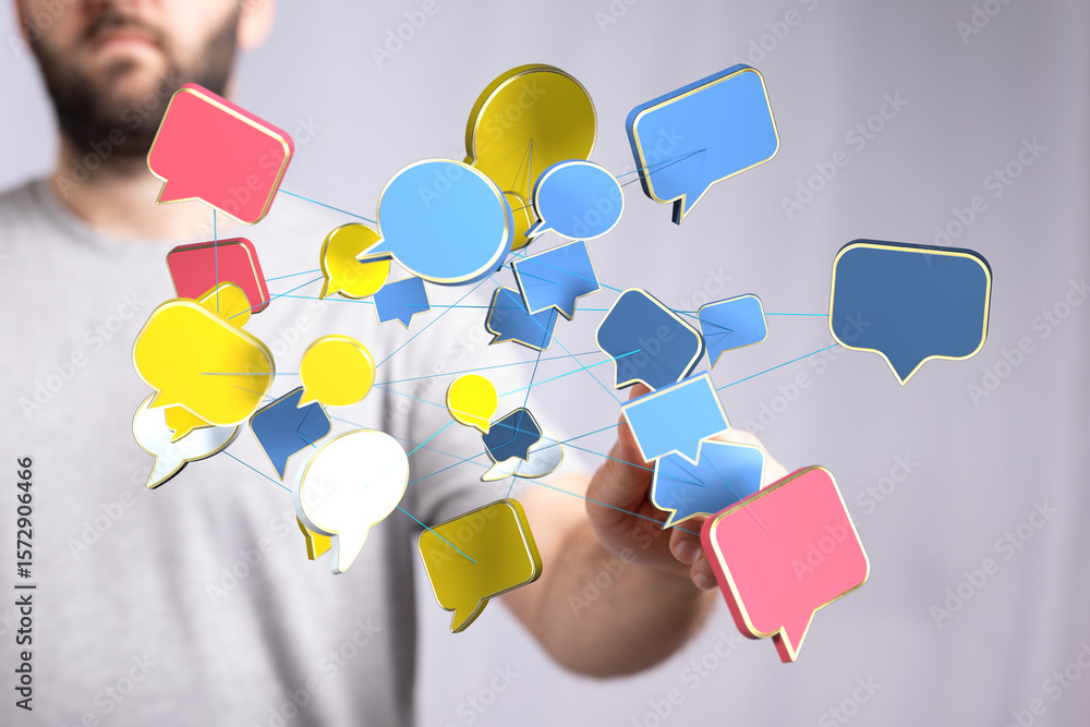 Poster abstract image of a man interacting with a network of speech bubbles, representing communication and