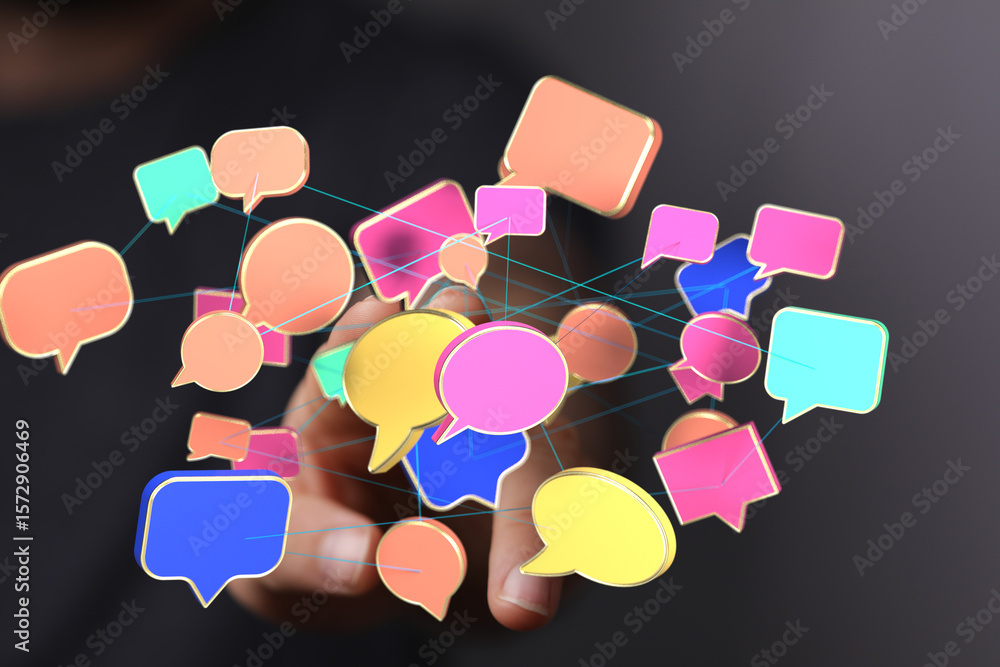 Poster abstract image of interconnected speech bubbles representing communication and networking.