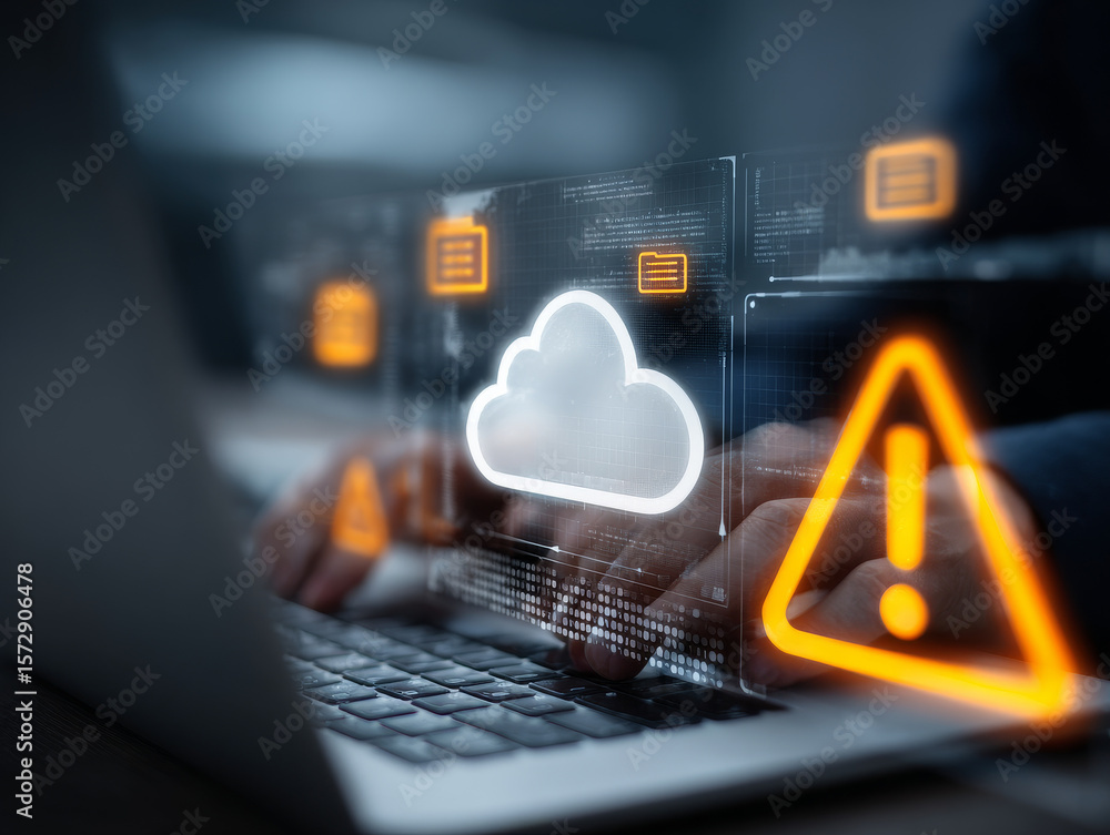 Aufkleber person types on laptop, encountering data breach risk symbolized by warning icon and cloud computing