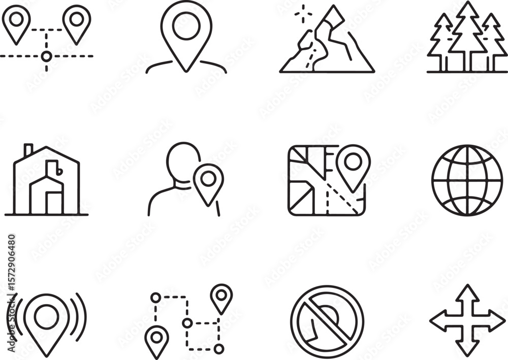 Poster map icons depicting travel destinations location markers and navigational tools symbolic representat