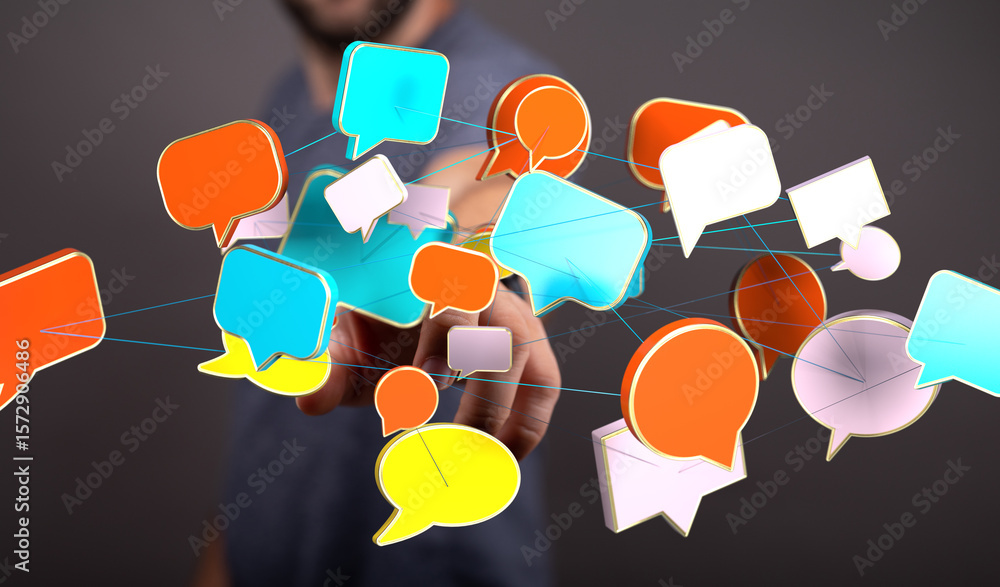 Poster abstract image of interconnected speech bubbles, symbolizing global communication and networking.