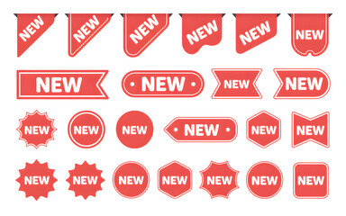 New Label collection set. Sale tags. Discount red ribbons, banners and icons. Shopping Tags. Sale icons. Red isolated on transparent white background