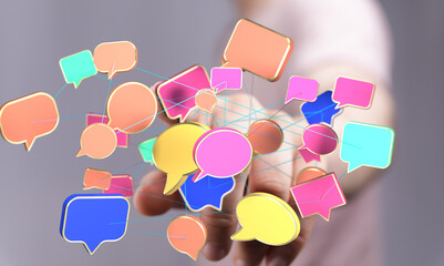 Abstract image of colorful speech bubbles interconnected, symbolizing communication, networking, and social media.