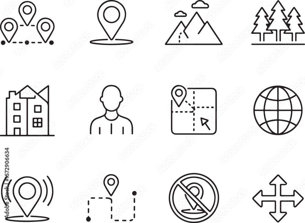 Poster diverse line icon set exploring location, nature, and human presence a visual compilation of mapping