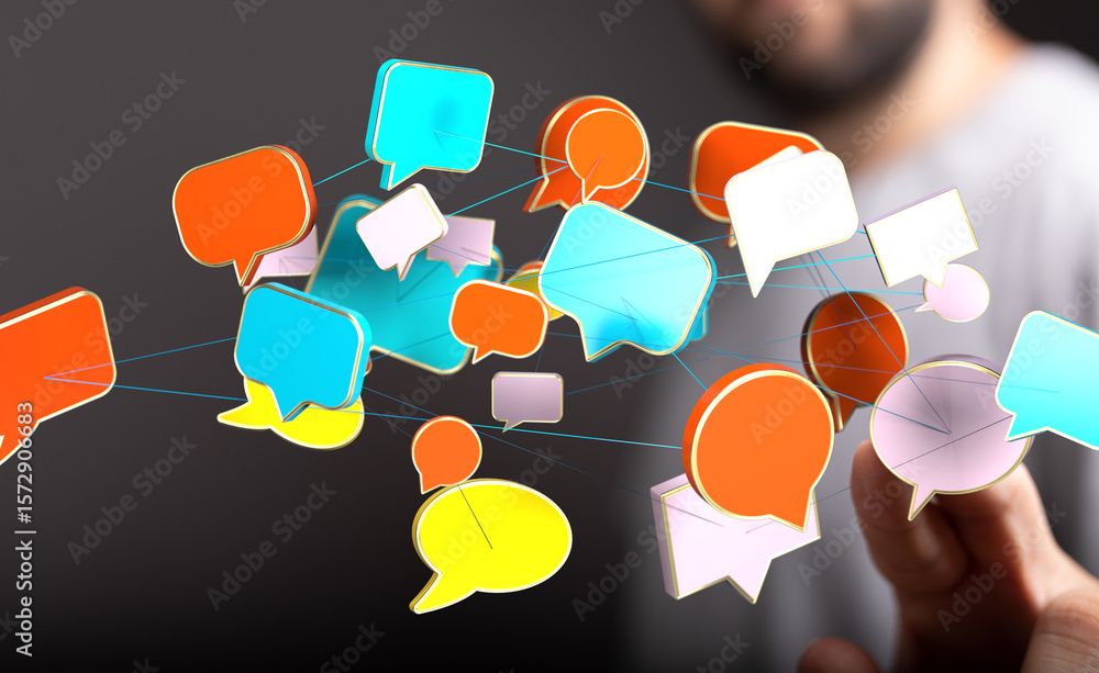 Poster abstract image of interconnected speech bubbles, symbolizing global communication and networking.