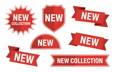 New Label collection set. Sale tags. Discount red ribbons, banners and icons. Shopping Tags. Sale icons. Red isolated on transparent white background