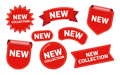New Label collection set. Sale tags. Discount red ribbons, banners and icons. Shopping Tags. Sale icons. Red isolated on transparent white background