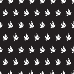 Elegant Flying White Dove Birds on Black Pattern. Ideal for backgrounds, fabric prints, religious designs, wedding materials, and nature-themed projects.