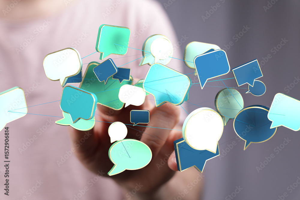 Poster abstract image of interconnected speech bubbles symbolizing global communication and networking.